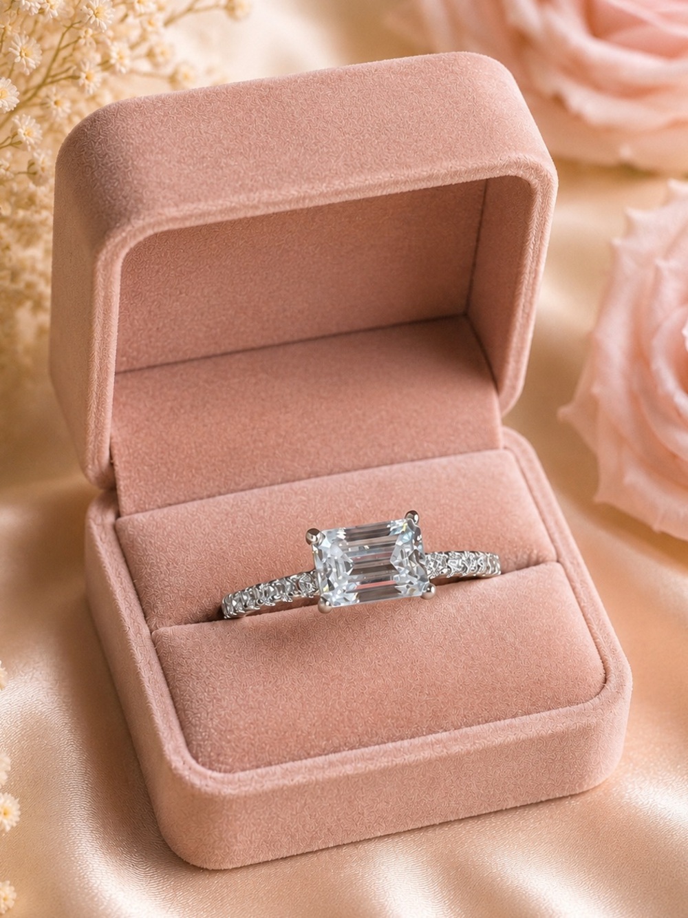 💎 SOLID STERLING SILVER 0.8CT D COLOR EMERALD CUT PAVÈ MOISSANITE RING 💎